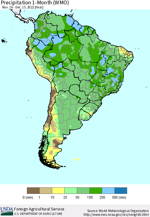South America Precipitation 1-Month (WMO) Thematic Map For 11/16/2022 - 12/15/2022