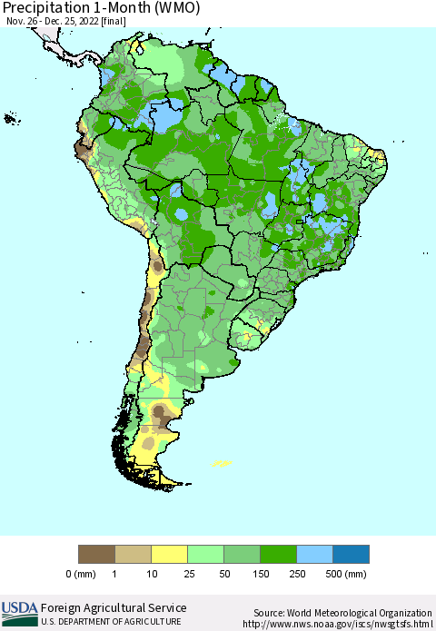 South America Precipitation 1-Month (WMO) Thematic Map For 11/26/2022 - 12/25/2022