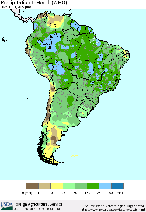 South America Precipitation 1-Month (WMO) Thematic Map For 12/1/2022 - 12/31/2022