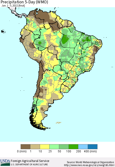 South America Precipitation 5-Day (WMO) Thematic Map For 1/1/2022 - 1/5/2022