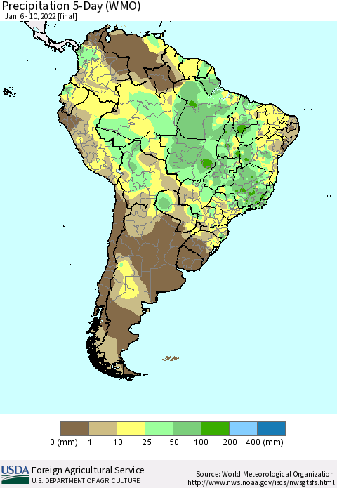 South America Precipitation 5-Day (WMO) Thematic Map For 1/6/2022 - 1/10/2022
