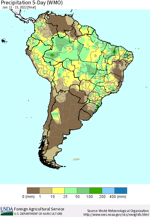 South America Precipitation 5-Day (WMO) Thematic Map For 1/11/2022 - 1/15/2022