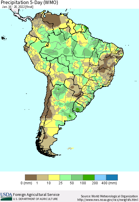 South America Precipitation 5-Day (WMO) Thematic Map For 1/16/2022 - 1/20/2022