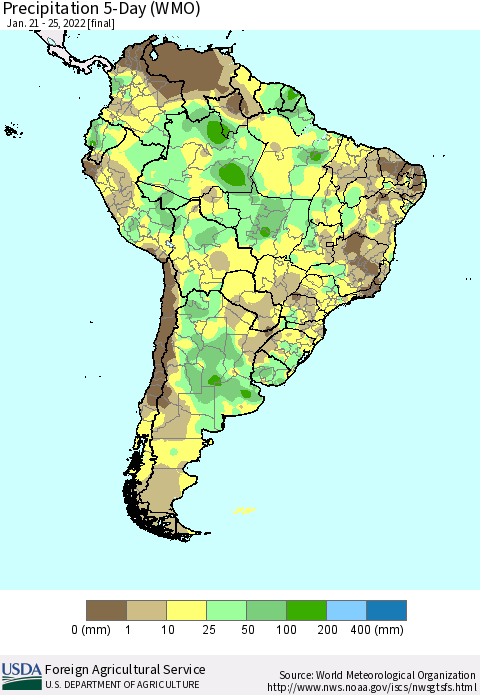 South America Precipitation 5-Day (WMO) Thematic Map For 1/21/2022 - 1/25/2022