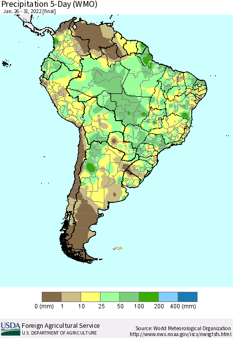 South America Precipitation 5-Day (WMO) Thematic Map For 1/26/2022 - 1/31/2022