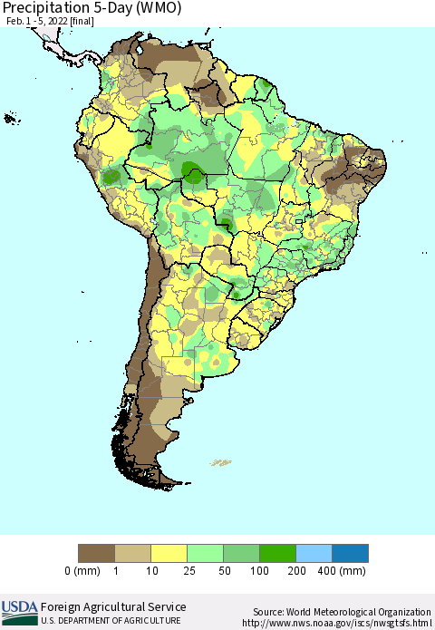 South America Precipitation 5-Day (WMO) Thematic Map For 2/1/2022 - 2/5/2022