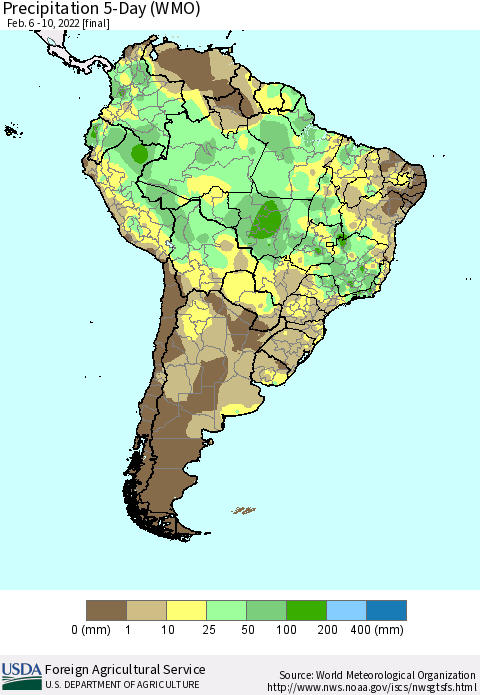 South America Precipitation 5-Day (WMO) Thematic Map For 2/6/2022 - 2/10/2022