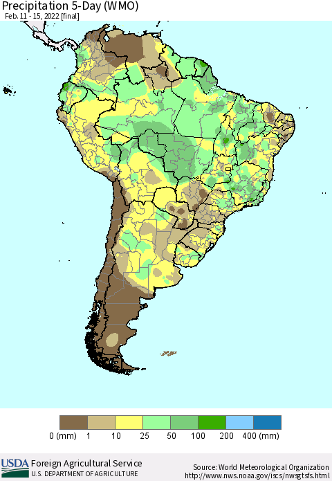 South America Precipitation 5-Day (WMO) Thematic Map For 2/11/2022 - 2/15/2022