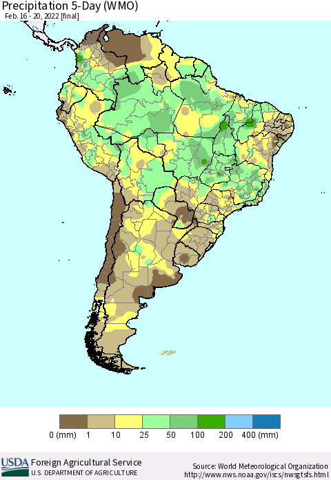 South America Precipitation 5-Day (WMO) Thematic Map For 2/16/2022 - 2/20/2022