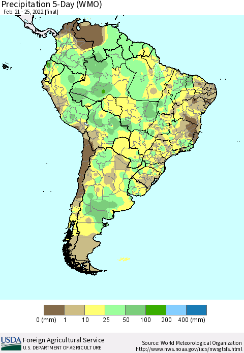 South America Precipitation 5-Day (WMO) Thematic Map For 2/21/2022 - 2/25/2022