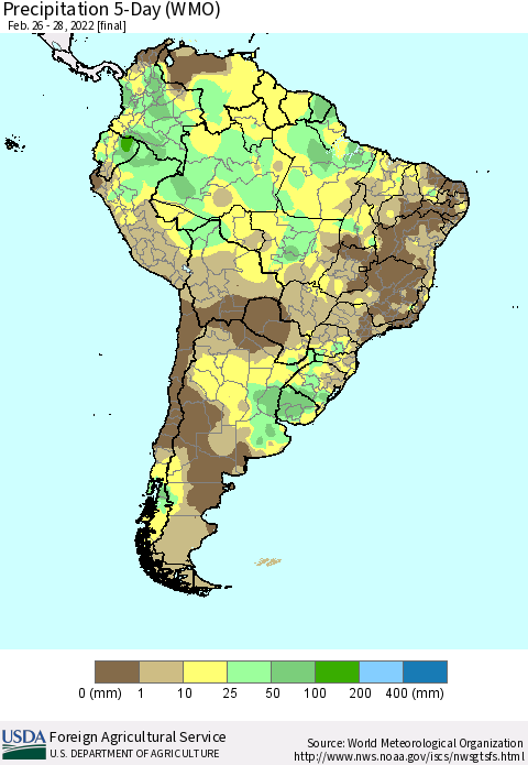 South America Precipitation 5-Day (WMO) Thematic Map For 2/26/2022 - 2/28/2022