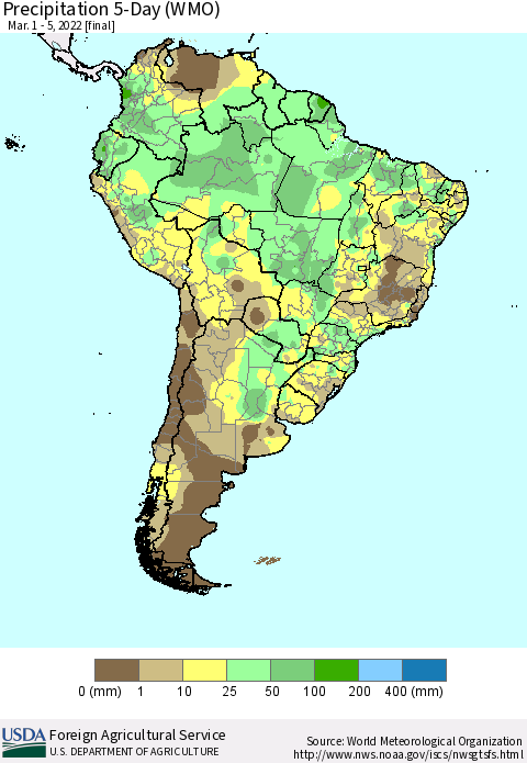 South America Precipitation 5-Day (WMO) Thematic Map For 3/1/2022 - 3/5/2022