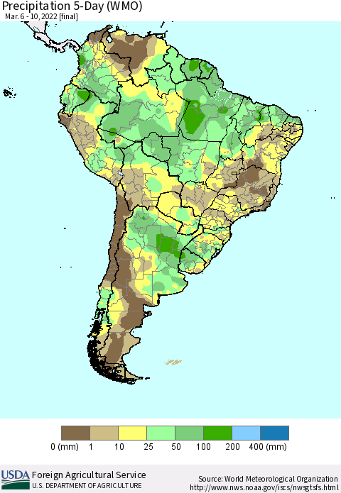 South America Precipitation 5-Day (WMO) Thematic Map For 3/6/2022 - 3/10/2022