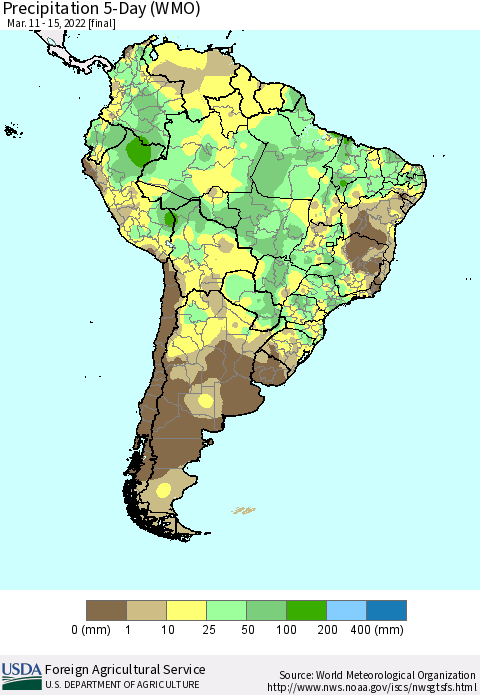 South America Precipitation 5-Day (WMO) Thematic Map For 3/11/2022 - 3/15/2022