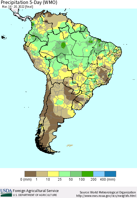 South America Precipitation 5-Day (WMO) Thematic Map For 3/16/2022 - 3/20/2022