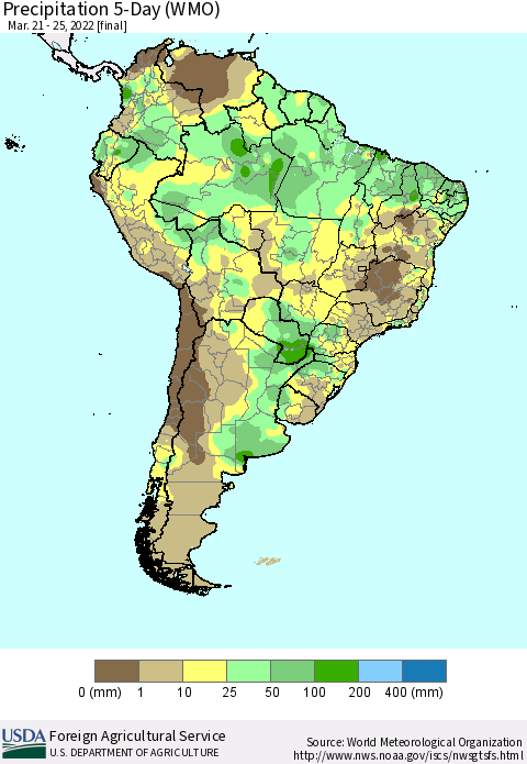 South America Precipitation 5-Day (WMO) Thematic Map For 3/21/2022 - 3/25/2022