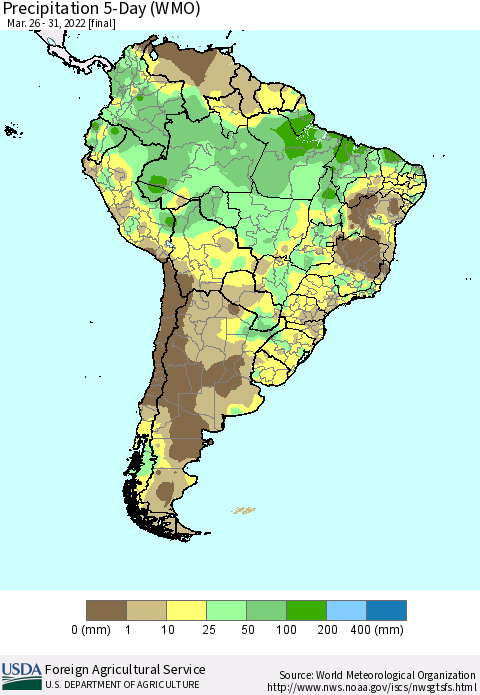 South America Precipitation 5-Day (WMO) Thematic Map For 3/26/2022 - 3/31/2022