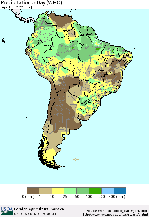 South America Precipitation 5-Day (WMO) Thematic Map For 4/1/2022 - 4/5/2022