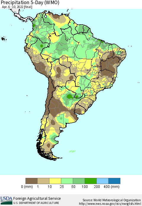 South America Precipitation 5-Day (WMO) Thematic Map For 4/6/2022 - 4/10/2022