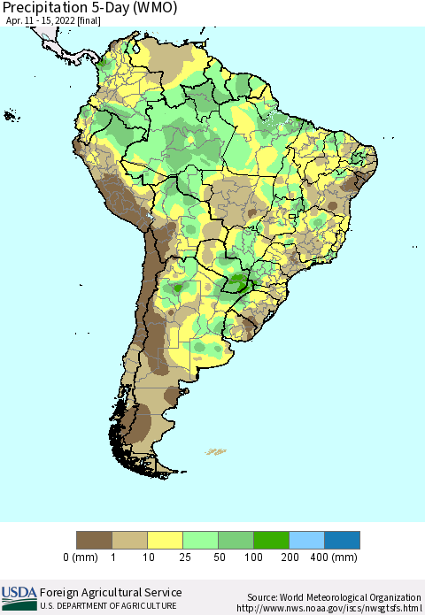 South America Precipitation 5-Day (WMO) Thematic Map For 4/11/2022 - 4/15/2022
