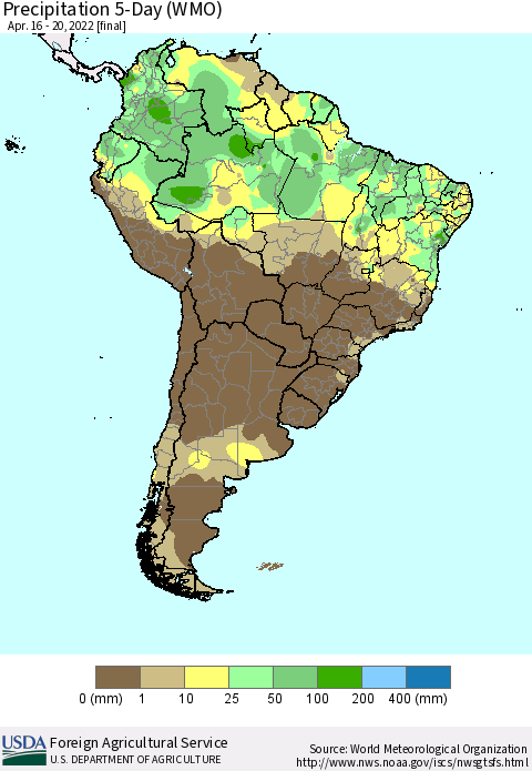 South America Precipitation 5-Day (WMO) Thematic Map For 4/16/2022 - 4/20/2022