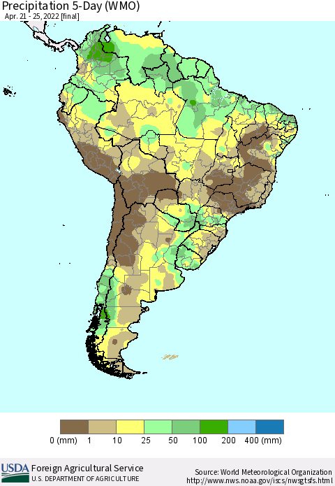 South America Precipitation 5-Day (WMO) Thematic Map For 4/21/2022 - 4/25/2022