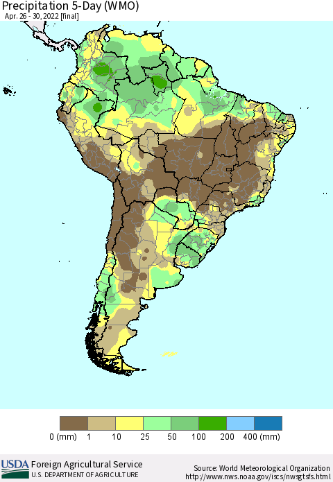 South America Precipitation 5-Day (WMO) Thematic Map For 4/26/2022 - 4/30/2022