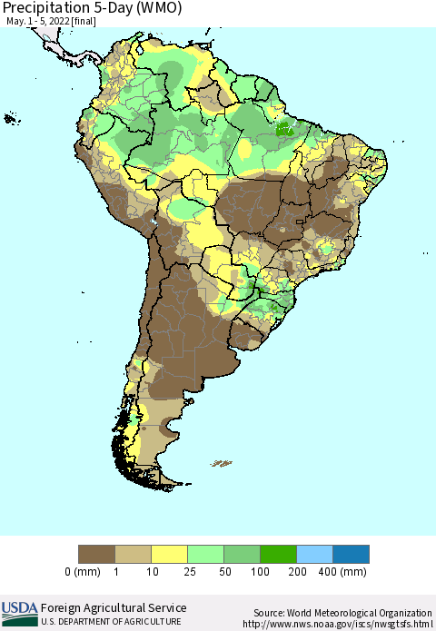 South America Precipitation 5-Day (WMO) Thematic Map For 5/1/2022 - 5/5/2022