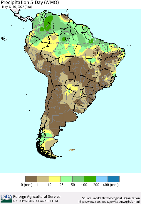 South America Precipitation 5-Day (WMO) Thematic Map For 5/6/2022 - 5/10/2022