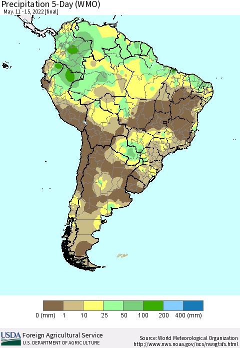 South America Precipitation 5-Day (WMO) Thematic Map For 5/11/2022 - 5/15/2022