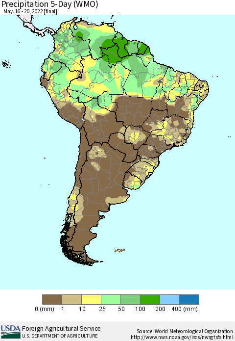 South America Precipitation 5-Day (WMO) Thematic Map For 5/16/2022 - 5/20/2022