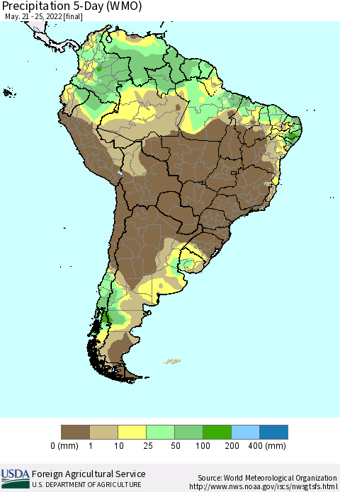 South America Precipitation 5-Day (WMO) Thematic Map For 5/21/2022 - 5/25/2022