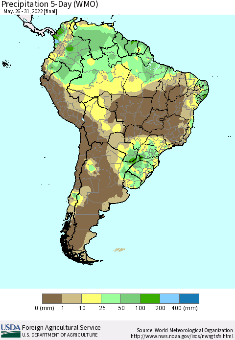 South America Precipitation 5-Day (WMO) Thematic Map For 5/26/2022 - 5/31/2022