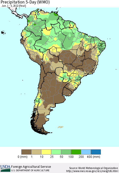 South America Precipitation 5-Day (WMO) Thematic Map For 6/1/2022 - 6/5/2022