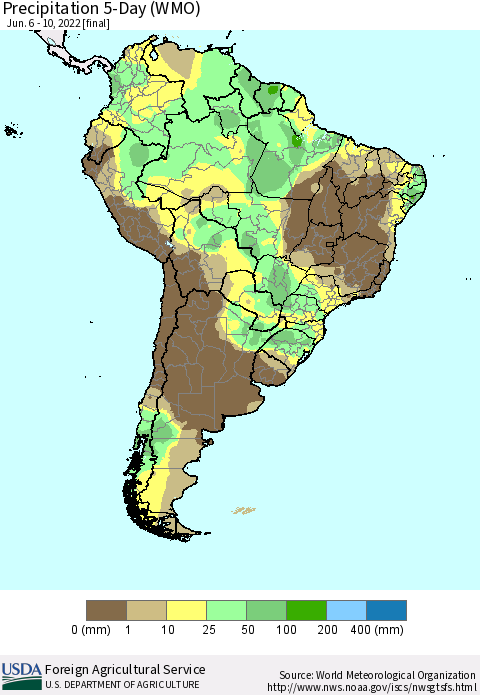 South America Precipitation 5-Day (WMO) Thematic Map For 6/6/2022 - 6/10/2022
