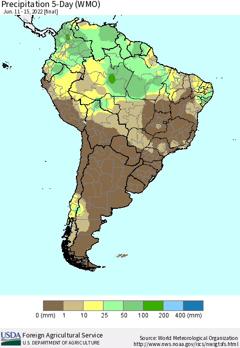 South America Precipitation 5-Day (WMO) Thematic Map For 6/11/2022 - 6/15/2022