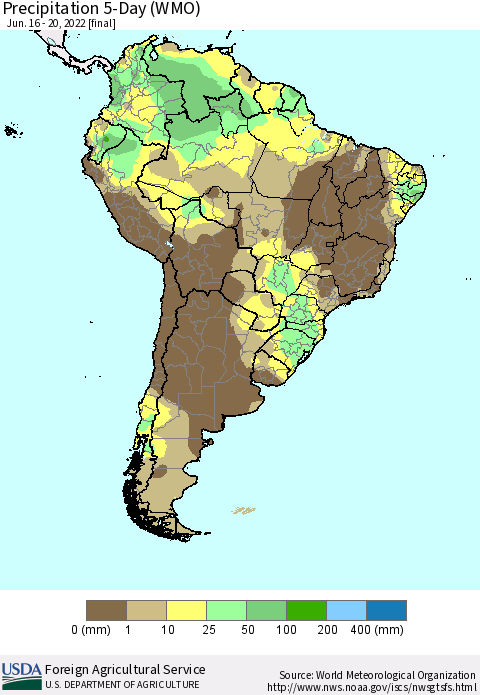South America Precipitation 5-Day (WMO) Thematic Map For 6/16/2022 - 6/20/2022