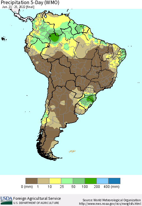 South America Precipitation 5-Day (WMO) Thematic Map For 6/21/2022 - 6/25/2022