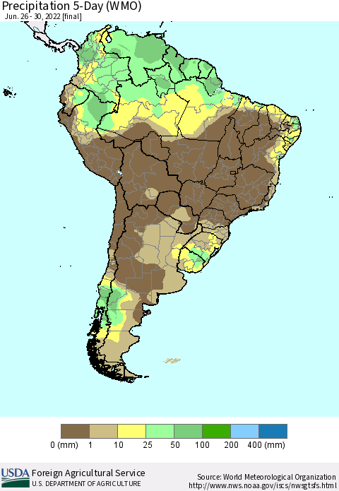 South America Precipitation 5-Day (WMO) Thematic Map For 6/26/2022 - 6/30/2022
