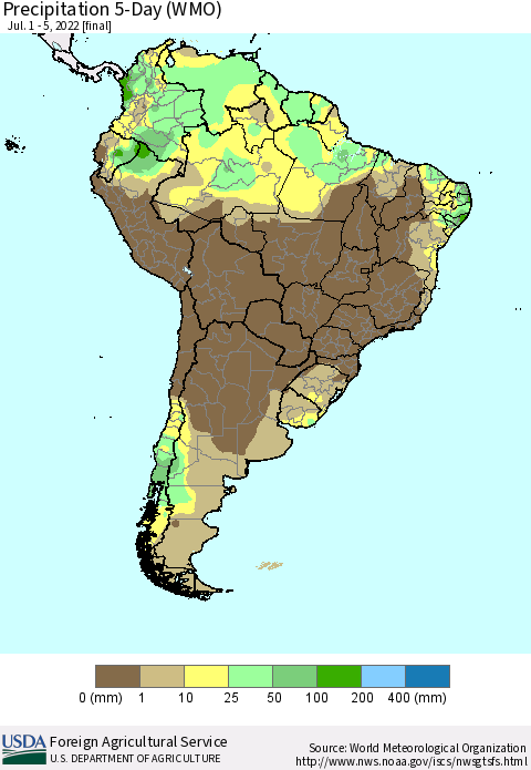 South America Precipitation 5-Day (WMO) Thematic Map For 7/1/2022 - 7/5/2022