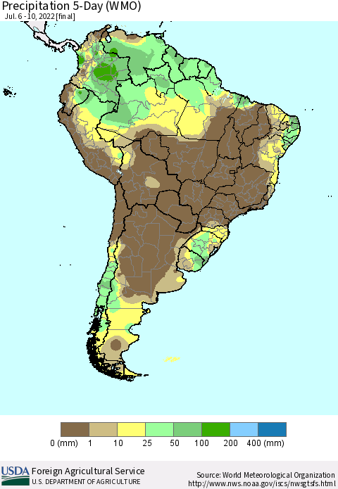 South America Precipitation 5-Day (WMO) Thematic Map For 7/6/2022 - 7/10/2022