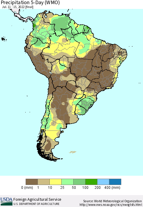 South America Precipitation 5-Day (WMO) Thematic Map For 7/11/2022 - 7/15/2022