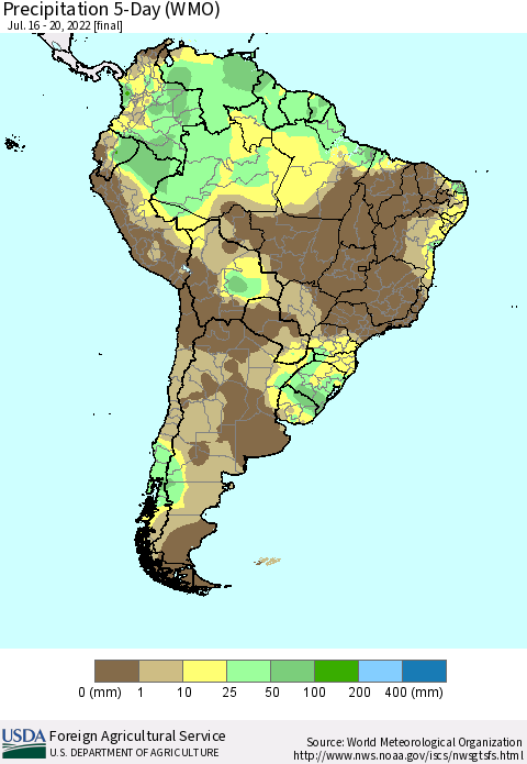 South America Precipitation 5-Day (WMO) Thematic Map For 7/16/2022 - 7/20/2022
