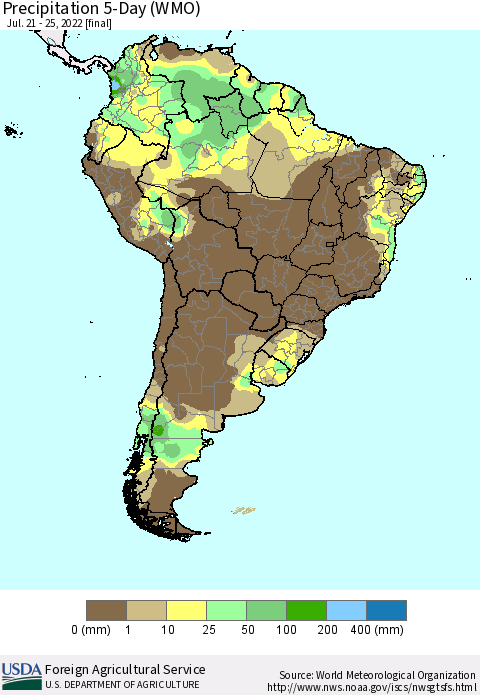 South America Precipitation 5-Day (WMO) Thematic Map For 7/21/2022 - 7/25/2022