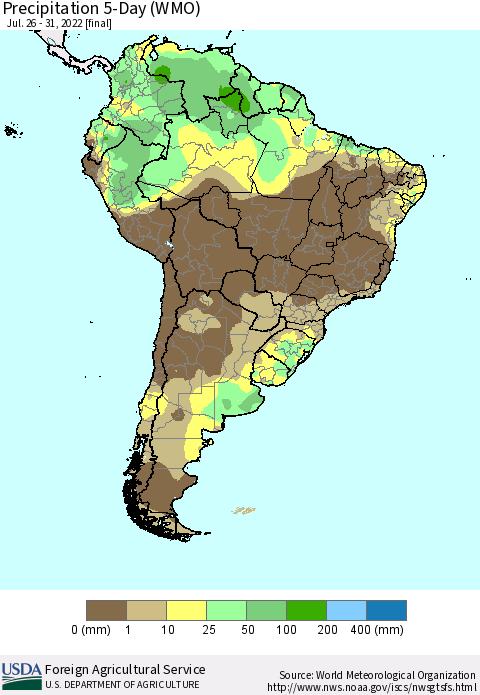 South America Precipitation 5-Day (WMO) Thematic Map For 7/26/2022 - 7/31/2022