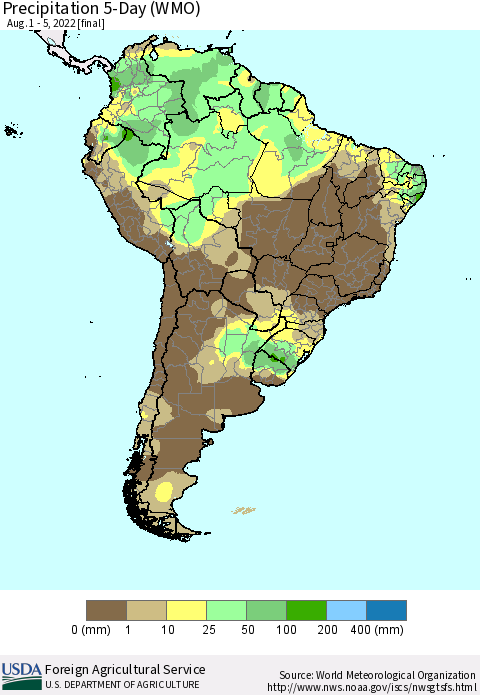 South America Precipitation 5-Day (WMO) Thematic Map For 8/1/2022 - 8/5/2022