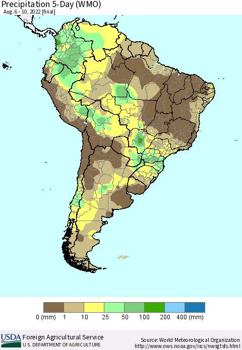 South America Precipitation 5-Day (WMO) Thematic Map For 8/6/2022 - 8/10/2022