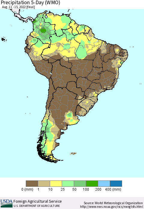 South America Precipitation 5-Day (WMO) Thematic Map For 8/11/2022 - 8/15/2022