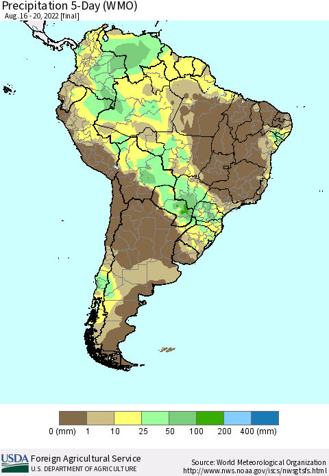South America Precipitation 5-Day (WMO) Thematic Map For 8/16/2022 - 8/20/2022