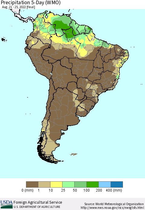 South America Precipitation 5-Day (WMO) Thematic Map For 8/21/2022 - 8/25/2022